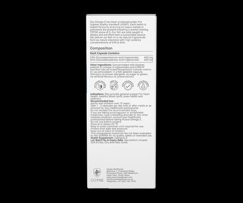 Image of the back of the box of Purest Omega 3 - Wild Alaskan Fish - 1000mg 60sgcaps